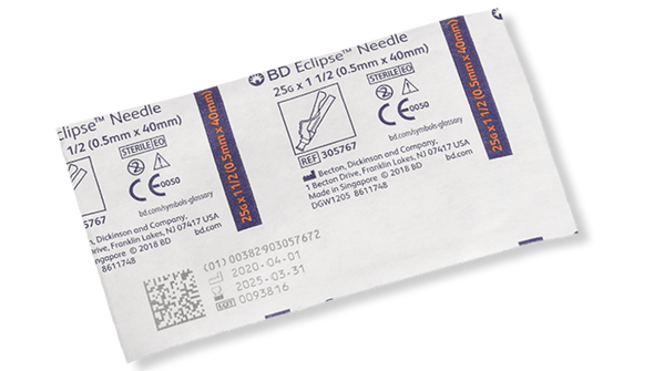 BD Eclipse Needle 25 G x 1 1/2 in – Safety Engineered, Single-Use, Luer-Lok Hub, Orange, Shelfpack 100