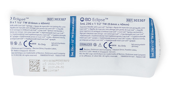 BD Eclipse Needle 23 g X 1-1/2 in. with Detachable 5 mL Luer-Lok Syringe – Hinged Safety, Single-Use, 50/box