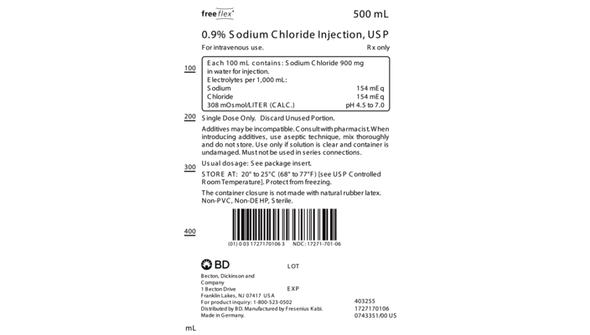 BD 0.9% Sodium Chloride Injection, USP 500ml – Non-PVC Freeflex Bag, DEHP-Free, 20/Case, 24.25 lb Case