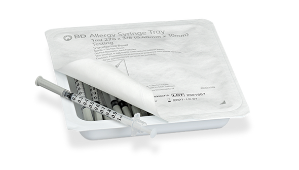 BD Allergy Syringe with Permanently Attached 27 g X 3/8 in. Needle – 1 mL Capacity, Clear Hub, Regular Wall