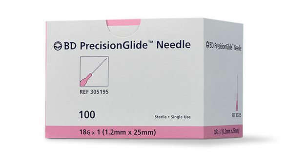 BD Precisionglide Needle – 18 g x 1 in Thin Wall, Pink Hub, Regular Bevel, 100/box, Sterile, Single Use
