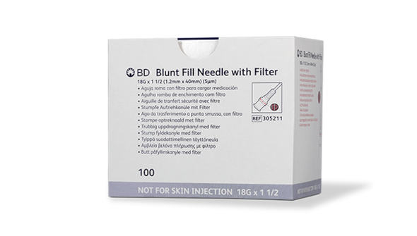 BD Blunt 5 Micron Filter Needle – 18 g x 1-1/2 in, Blunt Filter Tip, 100/box, Sterile, Single Use