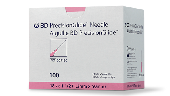 BD Precisionglide Needle – 18 g x 1-1/2 in Thin Wall, Pink Hub, 100/box, Sterile, Single Use, Hypodermic