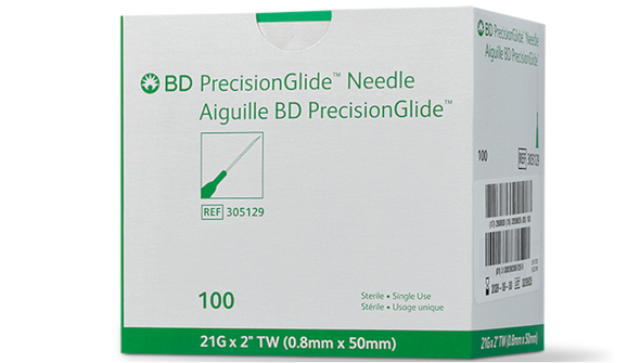 BD Precisionglide Needle – 21 g X 2 in., Thin Wall, Sterile, Disposable, Green Hub, 100/box, 1, 000/case
