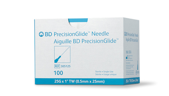 BD Precisionglide Needle – 25 G x 1 in., Thin Wall, Sterile, Single-Use, Blue Hub, 100/box, 1,000/case