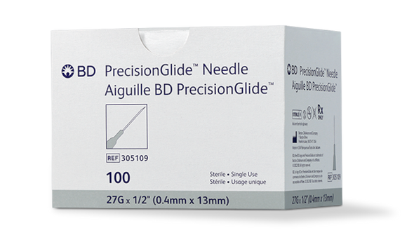 BD Precisionglide Needle – 27 g x 1/2 in, Regular Bevel, Grey Hub, 100/box, 1,000/case, Sterile, Single Use