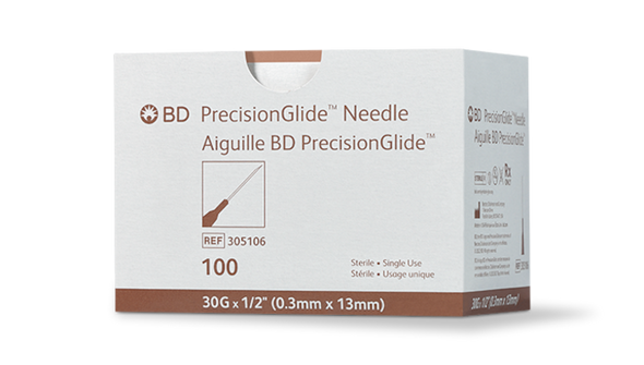 BD Precisionglide Needle – 30 g, 1/2 in. Length, Regular Bevel, Tan Hub, 100/box, 1000/case