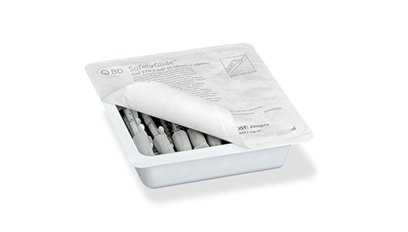 BD Safetyglide Allergy Syringe Tray – 1 mL, 27 g X 3/8 in Needle, Intradermal Bevel, Safety Engineered