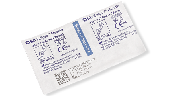 BD Eclipse Needle 23 g X 1 in – Hinged Safety Technology, Thin Wall Design, 100/box Packaging