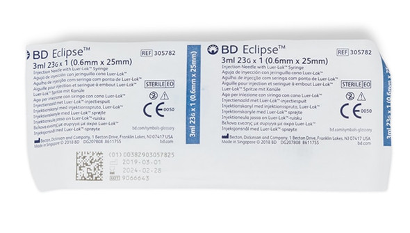 BD Eclipse Needle 23 g X 1 in. with Detachable 3 mL Luer-Lok Syringe – Hinged Safety, Thin Wall