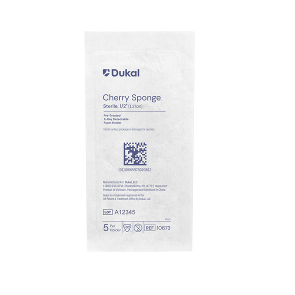 Dukal Cherry Sponges – Sterile X-Ray Detectable, 1/2 in Size, 100% Cotton, 5/PK, 100 PK/CS