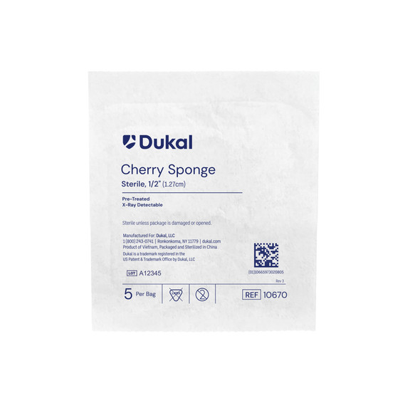 Dukal American Sterile X-Ray Detectable Cherry Sponges – 1/2 in Size, 100% Cotton Gauze, 5/BG, 100 BG/CS