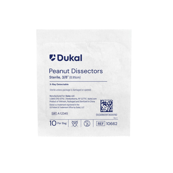 Dukal Peanut Sponges – Sterile, X-Ray Detectable, 3/8 in, 100% Cotton Gauze, 10/PK, 50 PK/CS