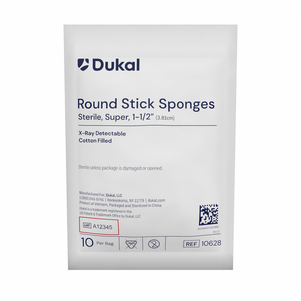 Dukal Sterile X-Ray Detectable Round Stick Sponges – 1-1/2 in Size, 100% Cotton Gauze, 10/BG, 50 BG/CS