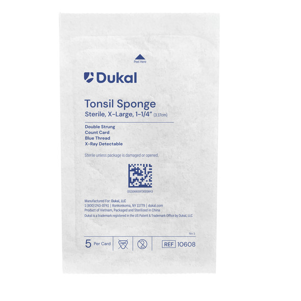 Dukal Sterile X-Ray Detectable Tonsil Sponges – 1-1/4 in XL, Double Strung, 5/PK, 100 PK/CS