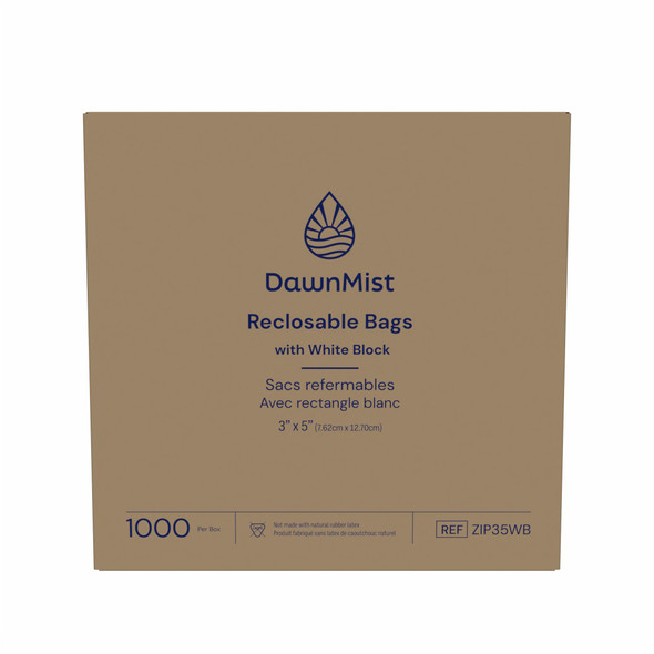 Dukal DawnMist Reclosable Bags – 3 x 5 in, Clear, White Block for Labeling, 2 MIL Thickness, 1000/BX