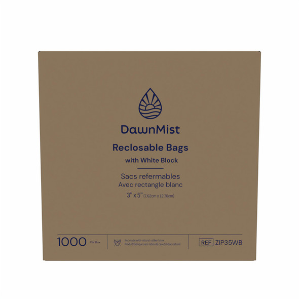 Dukal DawnMist Reclosable Bags – 3 x 5 in, Clear, White Block for Labeling, 2 MIL Thickness, 1000/BX