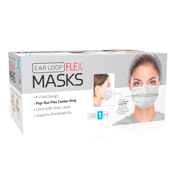 Dukal ASTM Level 1 Mask with Ear Loop – White, 3-Layer Protection, 50/BX, 20 BX/CS, Non-Sterile, 10 lb