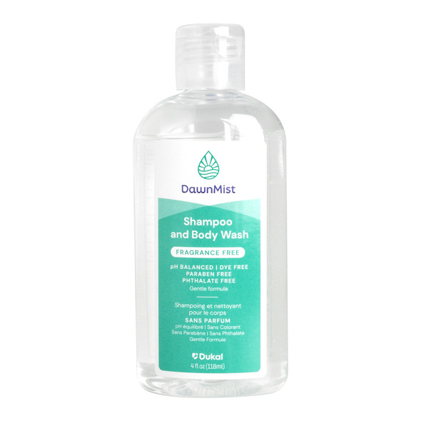 Dukal DawnMist Shampoo and Body Wash – Fragrance Free, 4 oz Bottle, Dye Free, Paraben Free