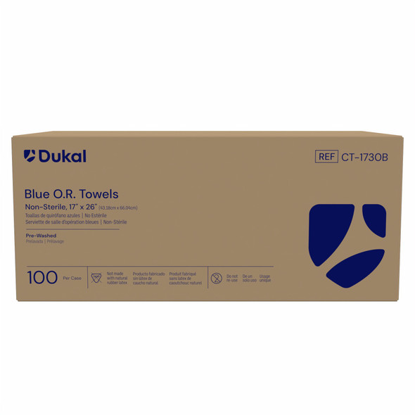 Dukal OR Towels – 17 x 26 in Blue, Pre-Washed, Highly Absorbent, Non-Sterile, 100/Case, 13.55 lb