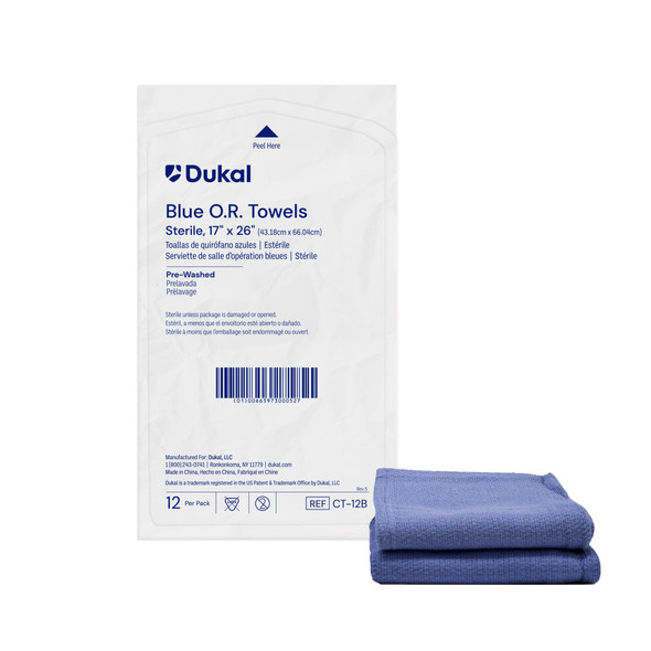 Dukal OR Towel – Sterile, 17 X 26 in, Blue, 12/pk, Highly Absorbent, Pre – Washed – brand_name Dukal