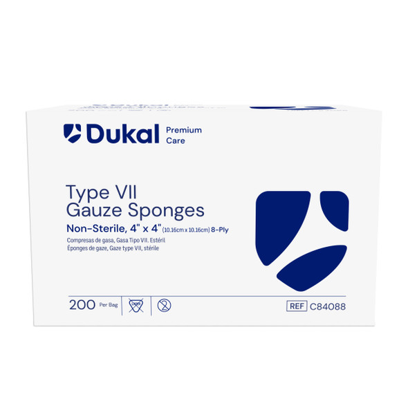 Dukal Premium Care Type VII Gauze Sponges – 4 x 4 in, 8-Ply, Non-Sterile, 200/BG, 20 BG/CS, 13.5 lb Case