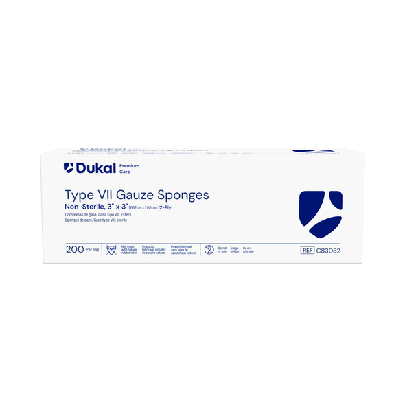 Dukal Premium Care Type VII Gauze Sponges – 12-Ply, 3 x 3 in, Non-Sterile, 200/BG, 20 BG/CS, 9.7 lb Case