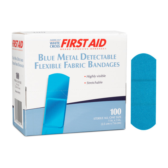 Dukal American Blue Adhesive Bandages – 1 x 3 in, Metal Detectable, Sterile, Flexible Fabric, 100/BX, 12 BX/CS