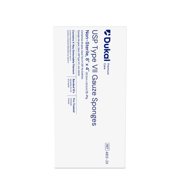 Dukal Premium Care X-Ray Detectable Gauze Sponges – 12-Ply, 8 x 4 in, Non-Sterile, 100/BG, 20 BG/CS