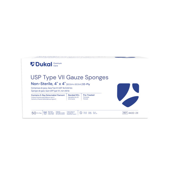 Dukal Premium Care X-Ray Detectable USP Type VII Gauze Sponges – 32-Ply, 4 x 4 in, 50/BG, 20 BG/CS