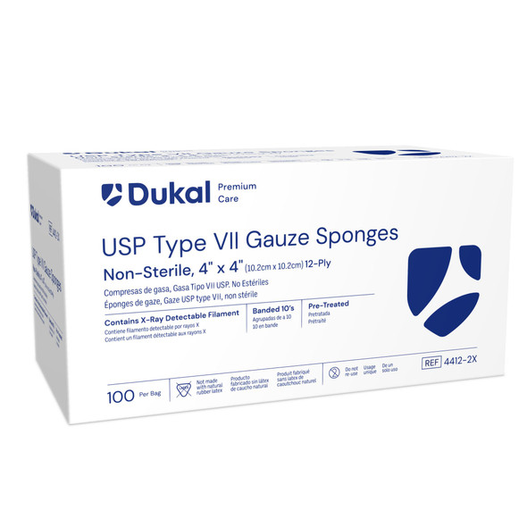 Dukal X-Ray Detectable USP Type VII Gauze Sponges – 12-Ply, 4 x 4 in, Non-Sterile, 100/BG, 20 BG/CS