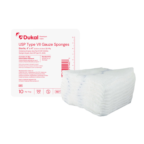 Dukal Premium Care Sterile X-Ray Detectable Gauze Sponges – 32-Ply, 4 x 4 in, Tray Packaging