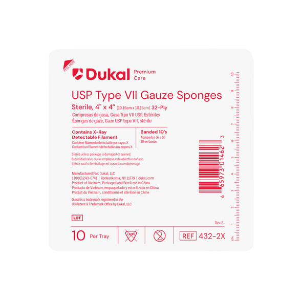 Dukal Premium Care Sterile X-Ray Detectable Gauze Sponges – 32-Ply, 4 x 4 in, Tray Packaging