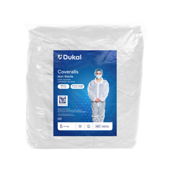 Dukal Coveralls – X-Large, White, Spunbond Polypropylene Material, 5/BG, 5 BG/CS Packaging