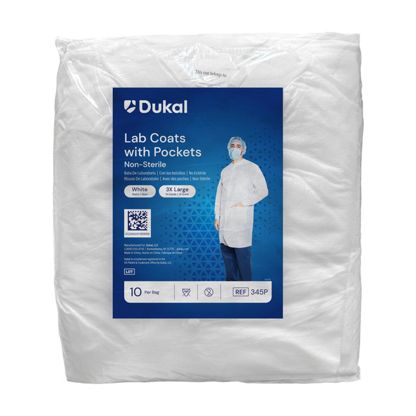 Dukal Lab Disposable Lab Coat with Pockets – XXX-Large, Multi-Layer SMS, White, 10/BG, 5 BG/CS
