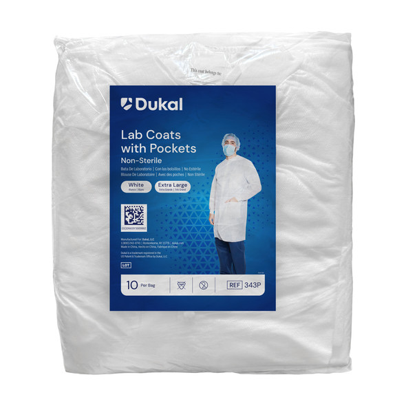 Dukal Lab Coat with Pockets – Multi – Layer SMS Material, Full Length, Knit Collar and Cuff, X – Large, White