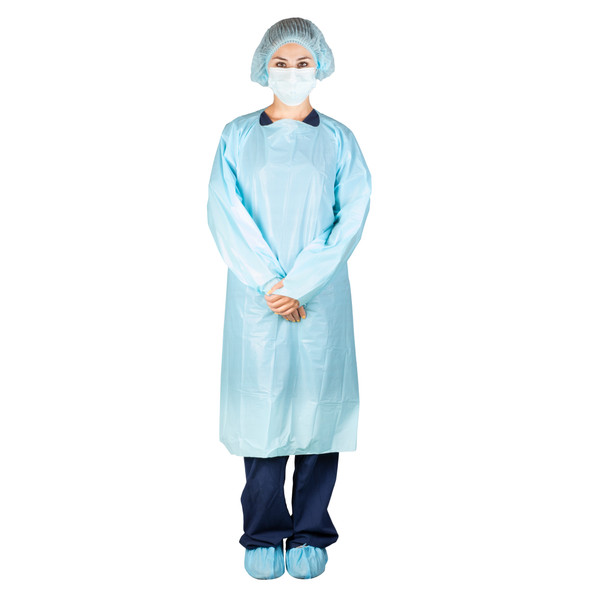 Dukal AAMI Polyethylene Film Gown – Over-the-Head Design, Elastic Wrist with Thumb Loop, XL, Blue