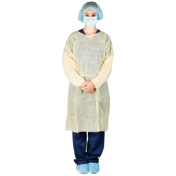 Dukal Poly-Coated Isolation Gown – Neck Tie, Elastic Cuff, Universal Size, Yellow, Poly-Coated SPP+PE Material