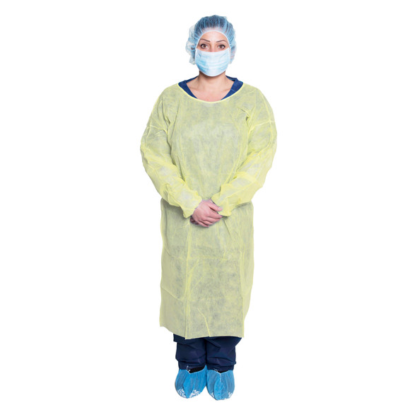 Dukal Isolation Gown with Neck Tie and Elastic Cuff – Spunbond Polypropylene, Elastic Cuffs, X-Large, Yellow