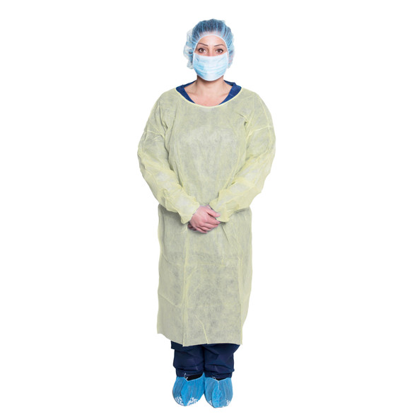 Dukal Isolation Gown with Neck Tie and Elastic Cuff – Spunbond Polypropylene, One Size, Yellow, 10/BG, 5 BG/CS