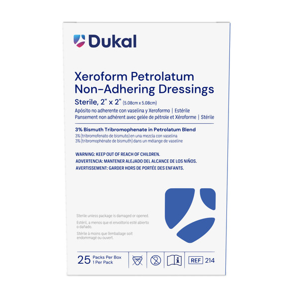 Dukal Xeroform Petrolatum Non-Adhering Dressings – Sterile, 2 x 2 in, 0.3 lb, 25/BX Packaging