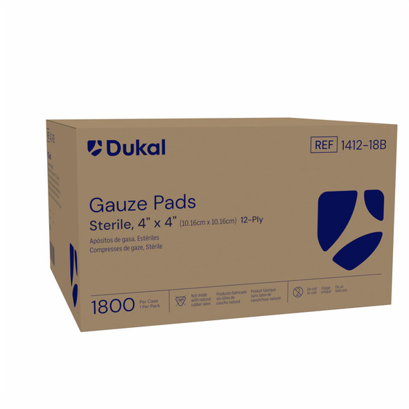 Dukal Sterile Gauze Pads – 12-Ply, 4 x 4 in, 100% Woven Cotton, Individually Wrapped, 1/PK, 1800 PK/CS
