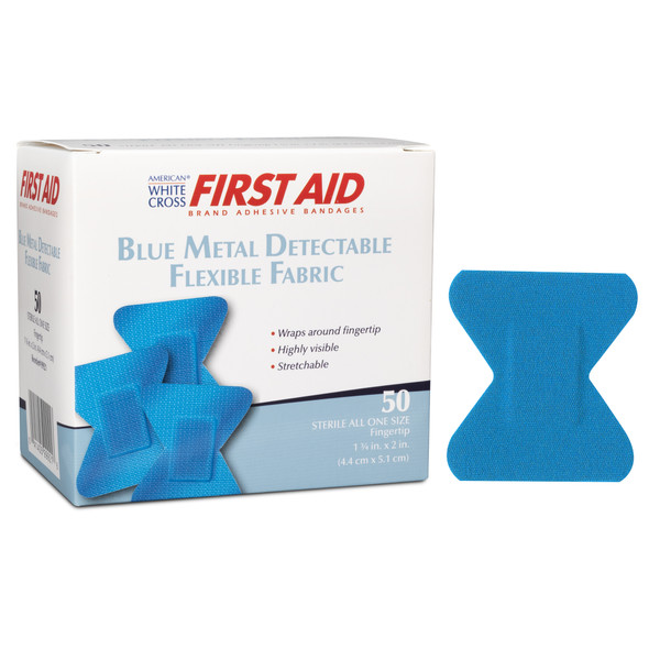 Dukal American Blue Fingertip Adhesive Bandages – Metal Detectable, Flexible Fabric, Sterile, 50/BX, 24 BX/CS