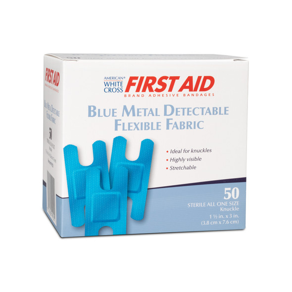 Dukal American Blue Metal Detectable Knuckle Adhesive Bandages – Sterile, Flexible Fabric, 1 – 1/2 X 3