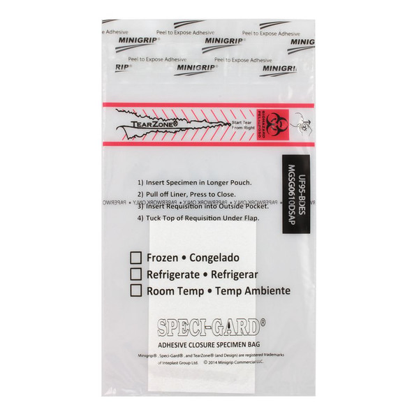 Medgen Speci-Gard Lab Specimen Transport Bag – 6×10 in, Adhesive Closure, 3×5 in Absorbent Pad Insert