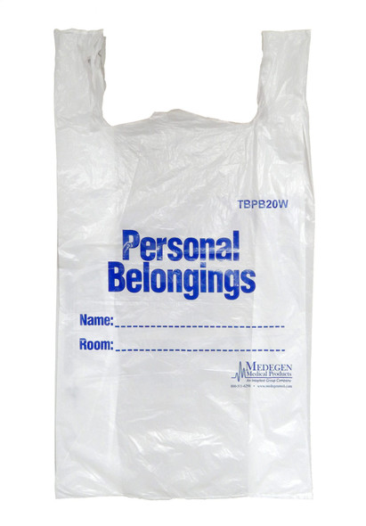 Medgen Tie&GO Patient Belonging Bag with Loop Handles – 16x26x8 in, White/Blue, 50/pk, 500/cs, Regular Duty