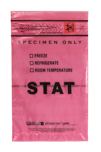 Medgen Lab STAT Specimen Transport Bags – 6×9 in, Single Zip Closure, Red Tint, Dispenserbag Package