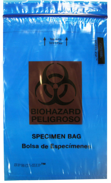 Medgen Lab Color Coded Zip Closure Specimen Bags – 6×9 in, Single Zip, Blue/Red, Biohazard Symbol, 1000/case