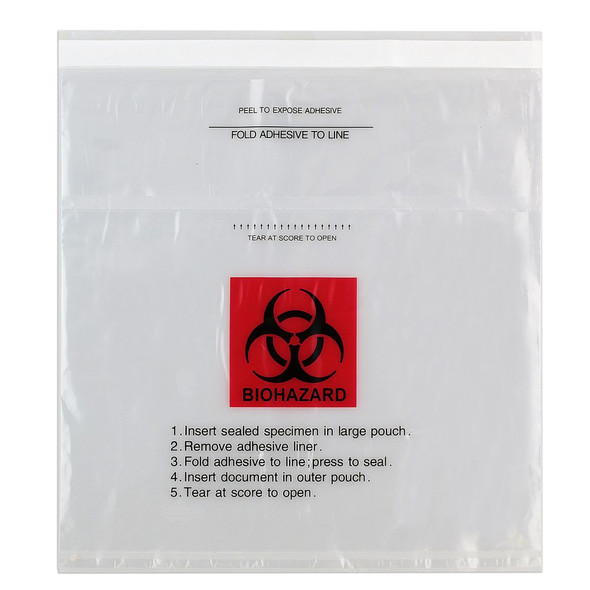 Medgen Foldover Lab Specimen Transport Bags – 10×10 in, Permanent Adhesive Closure, Clear/Red & Black, Score