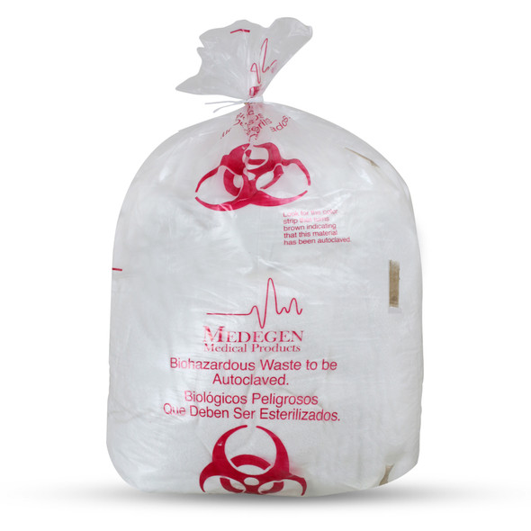 Medgen Autoclavable Biohazard Waste Bags – Polypropylene with Indicator, Flat Seal, Coreless Roll, 12×24